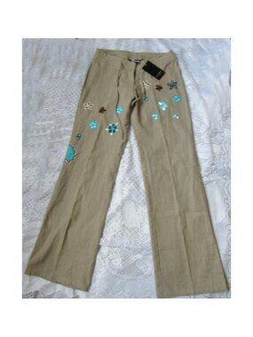 Bebe Women Pants. color: Tan, sz. 7/8, cotton/ramie, made in India
